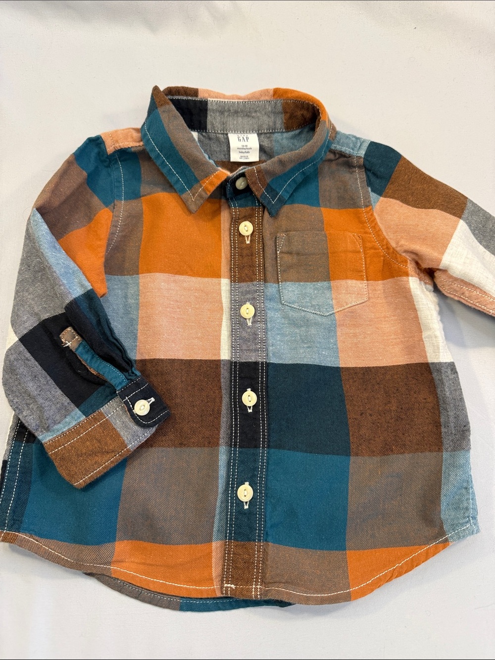 GAP Plaid Button-Down Shirt - Orange, Teal & Brown